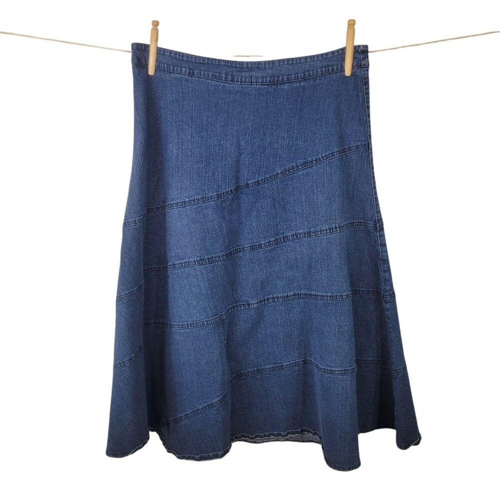 Vintage Denim Flare Skirt 14 Blue Jean Cowgirl Modest Patchwork Tiered A Line